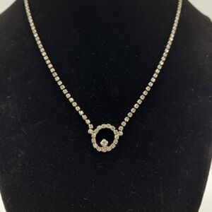 Silver Tone Rhinestone Circle Pendant Necklace Dainty Sparkle